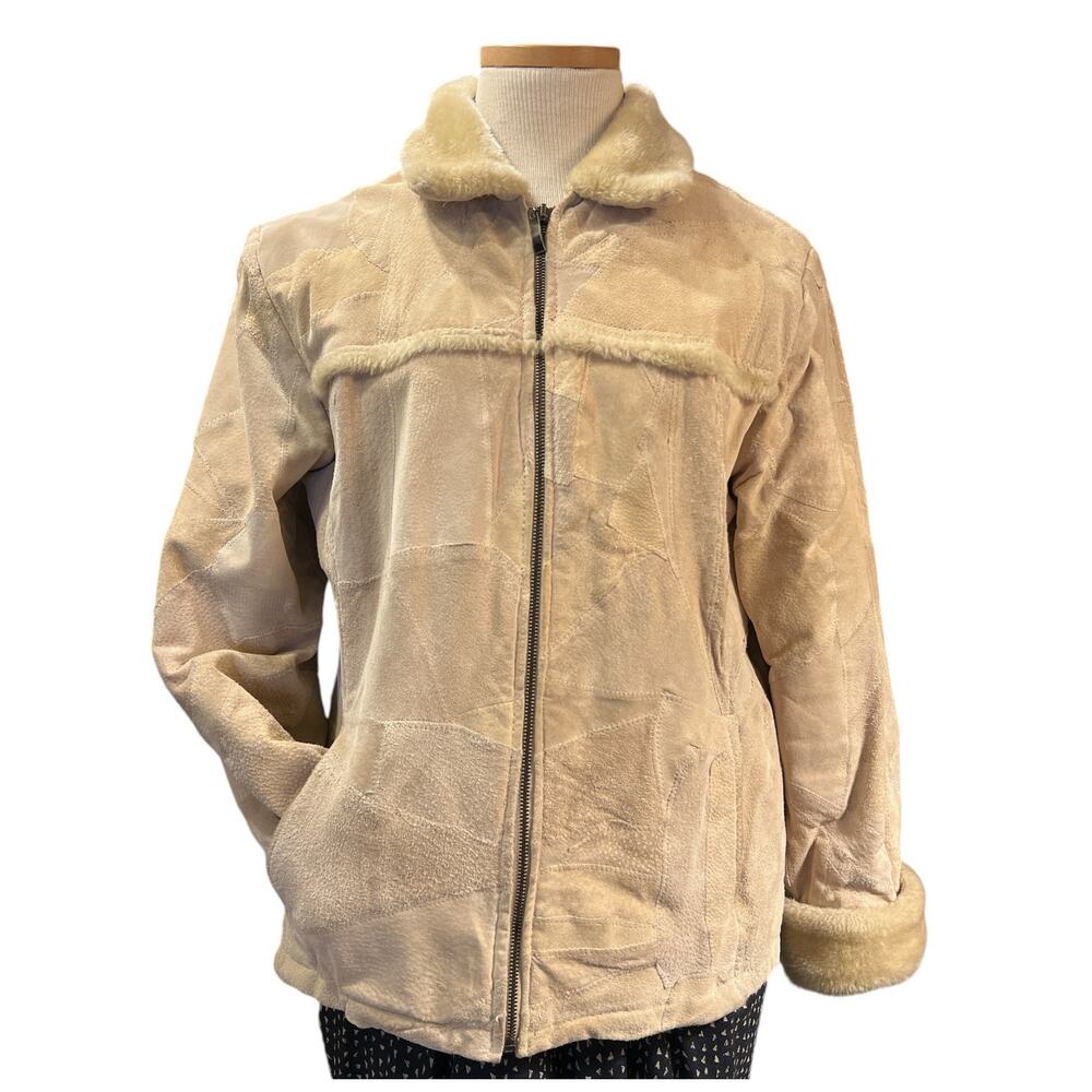 Vtg 90s Leather Works Suede Penny Lane Coat Size M Blonde Faux Fur Western 70s